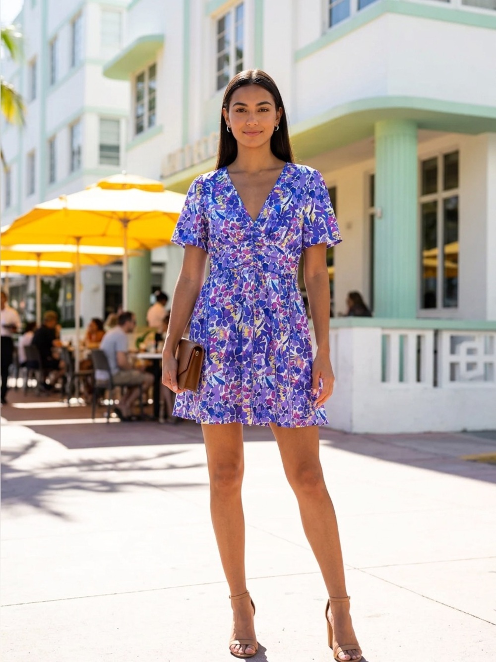 SHEIN Purple & Yellow Floral V-Neck Short Sleeve Midi Dress